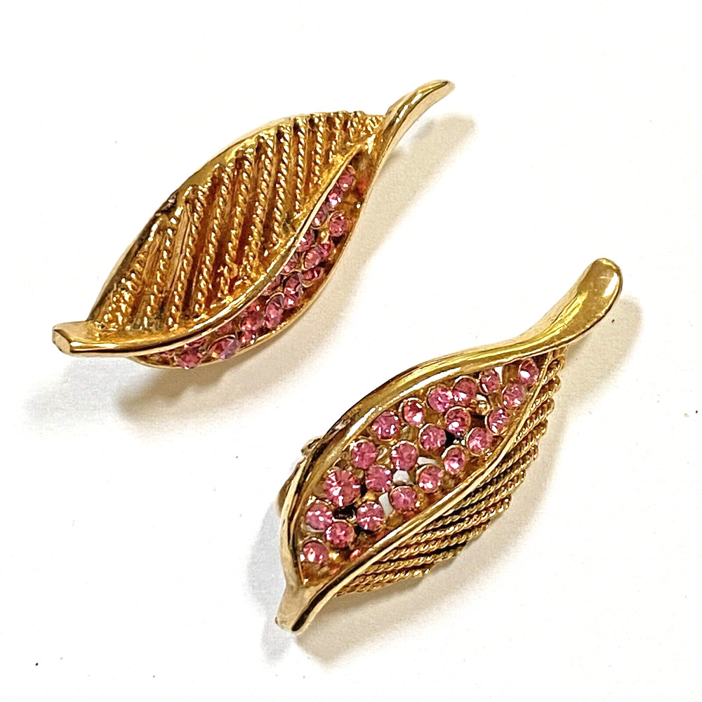 Vintage Kramer Gold filigree & Pink rhinestone Clip On Earrings Leaf Shapes